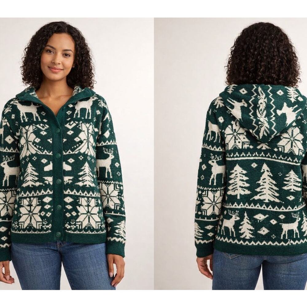 Green Fair Isle Hooded Cardigan Reindeer Nordic Cozy Cabincore Gorpcore 90s